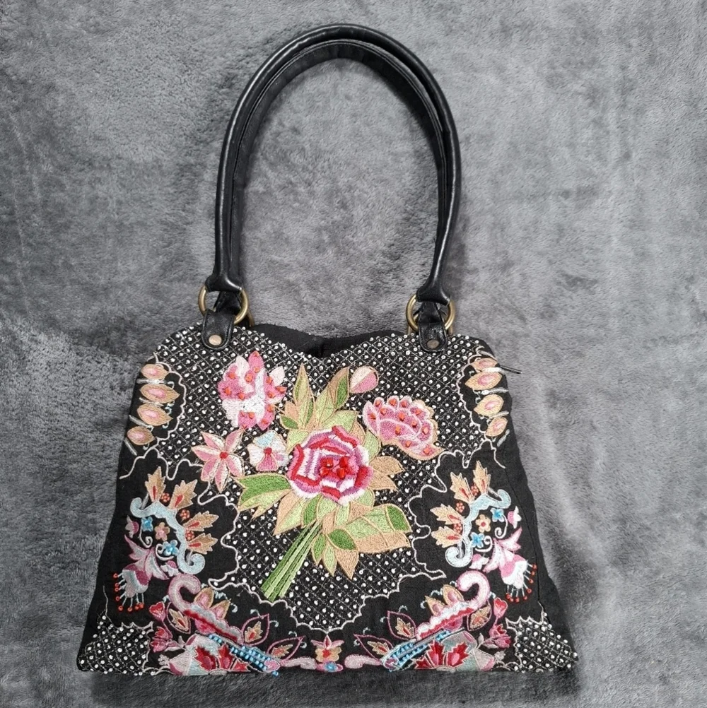 CHRISTIANA Floral BEADED Embroidered MEDIUM BAG Double Strap Purse Multicolor